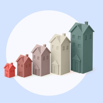 Image of five stylized houses in a row. The first house, on the left, is small and the houses get taller as they go to the right.