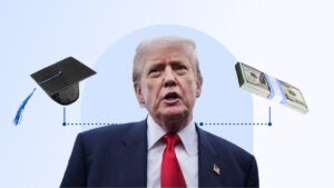 design image of trump and a graduation cap and a money next to him
