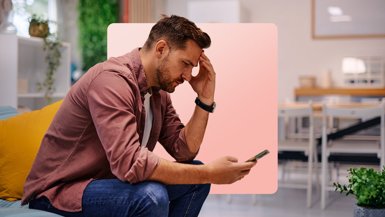 Design element including person looking at phone, with hand on forehead looking stressed