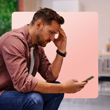 Design element including person looking at phone, with hand on forehead looking stressed