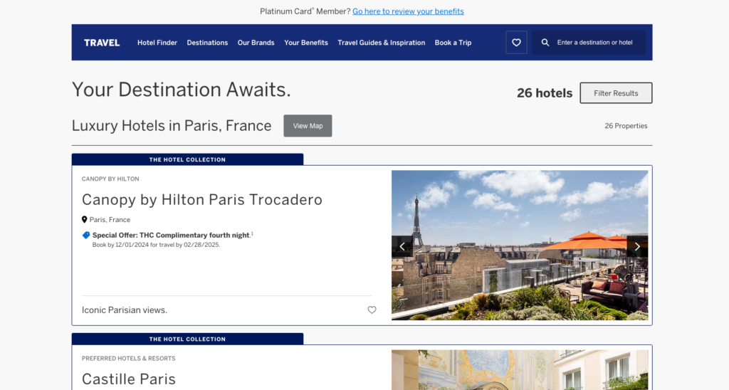 Screenshot of available hotels within collection