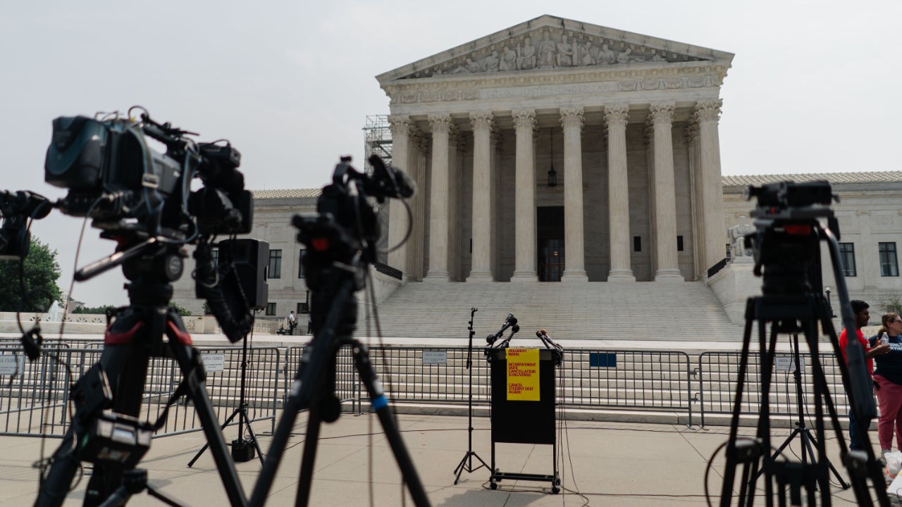 Video cameras point at an empty podium outside the US Supreme Court
