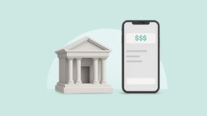 Illustration of an old-fashioned physical bank branch and a mobile phone.