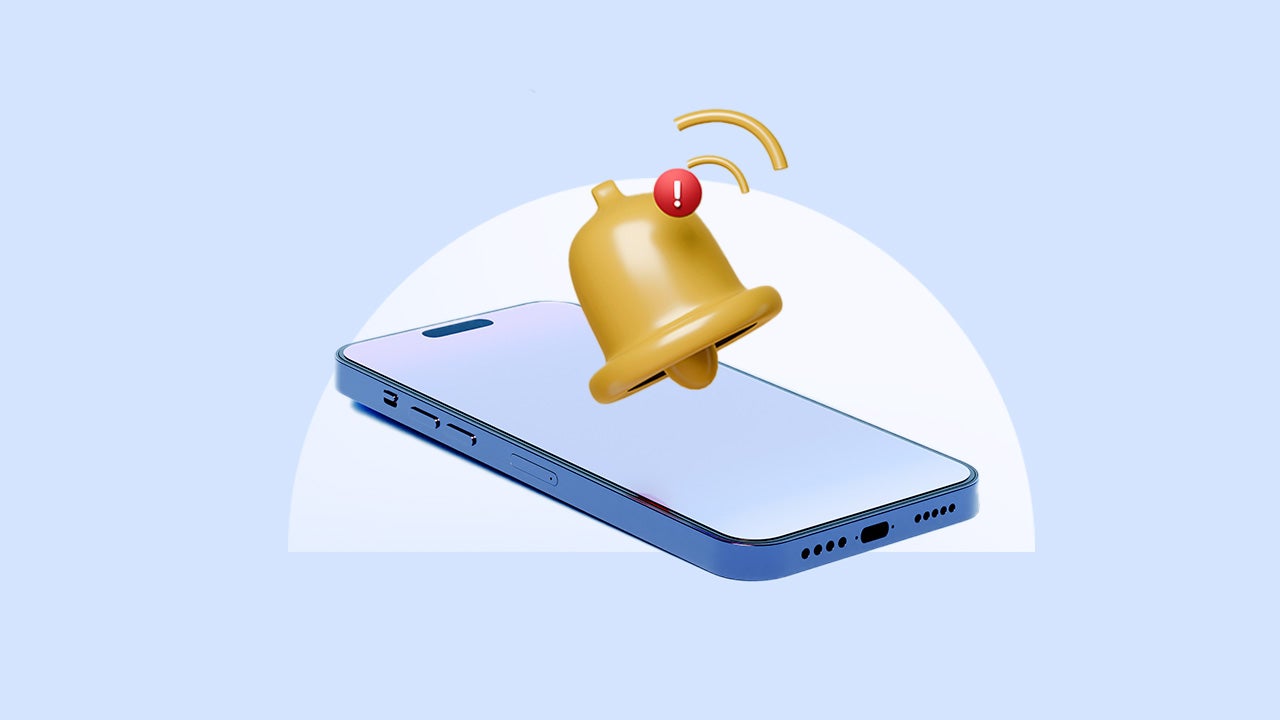 Illustration of an old-fashioned alarm bell ringing , hovering over a cell phone.