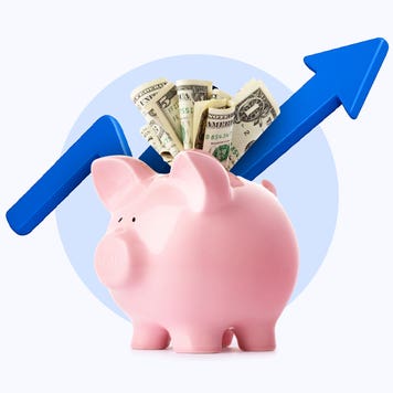 Image of a piggy bank stuffed with dollars and an arrow behind it pointing to the right and going up.
