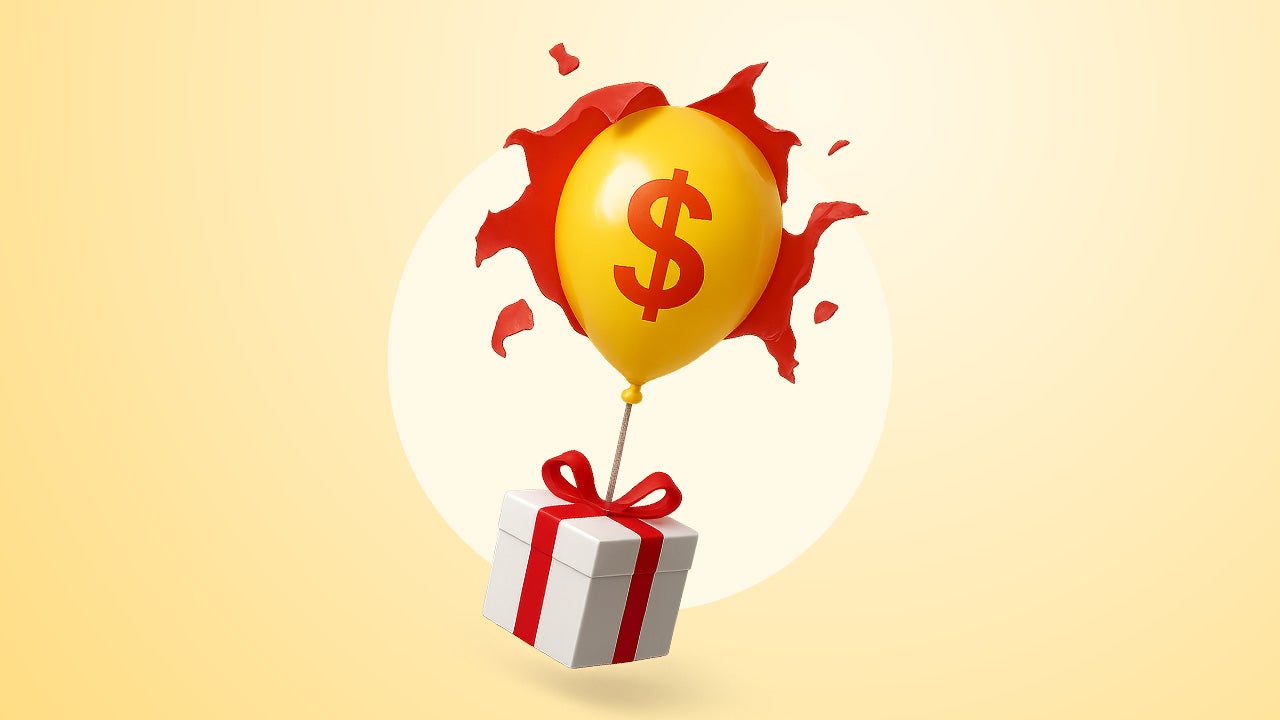 Illustration of a present box, flying in the air tied to a balloon with a dollar sign on it.