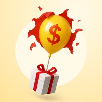 Illustration of a present box, flying in the air tied to a balloon with a dollar sign on it.