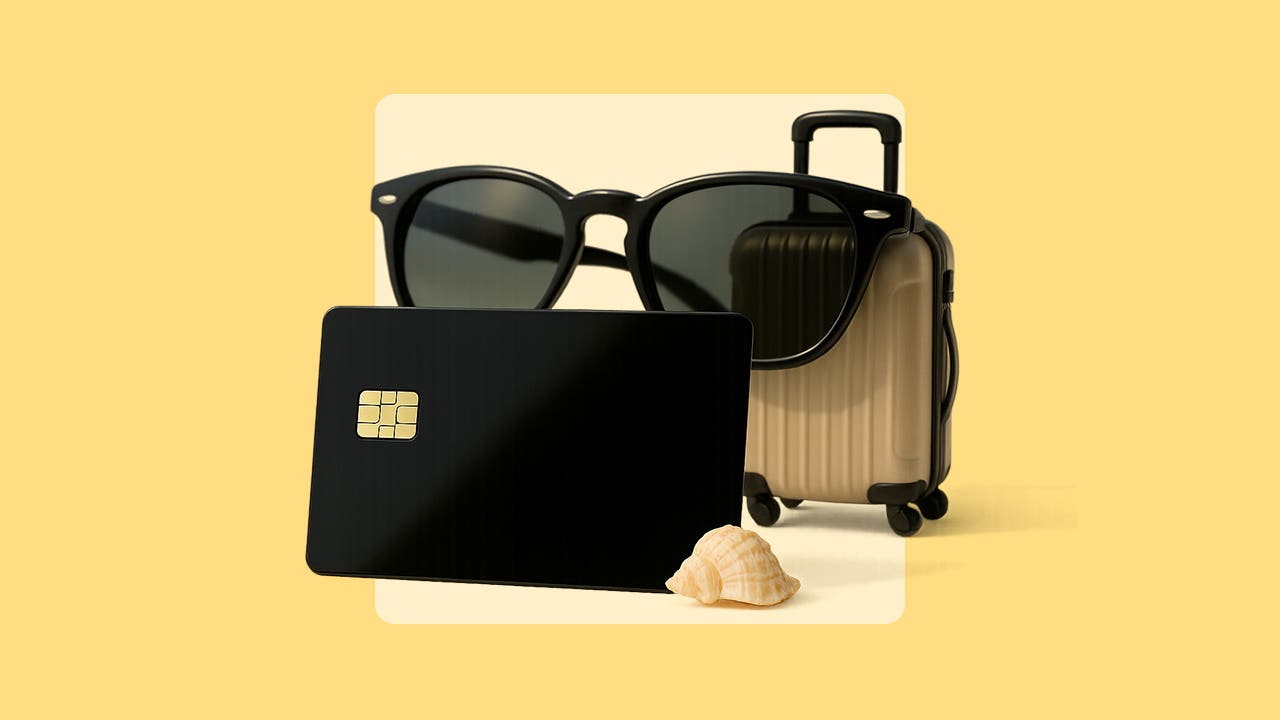 summer travel essentials like sunglasses, credit card and luggage
