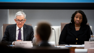 Jerome Powell, chairman of the US Federal Reserve, left, and Lisa Cook, governor of the US Federal Reserve, during the Federal Reserve Board open meeting in Washington, DC.