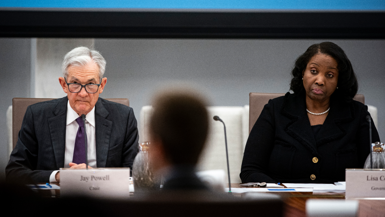 Jerome Powell, chairman of the US Federal Reserve, left, and Lisa Cook, governor of the US Federal Reserve, during the Federal Reserve Board open meeting in Washington, DC.