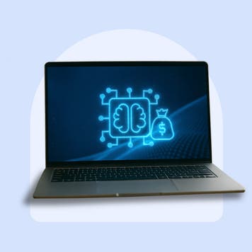 A computer with AI imagery including a brain and bag of cash is seen