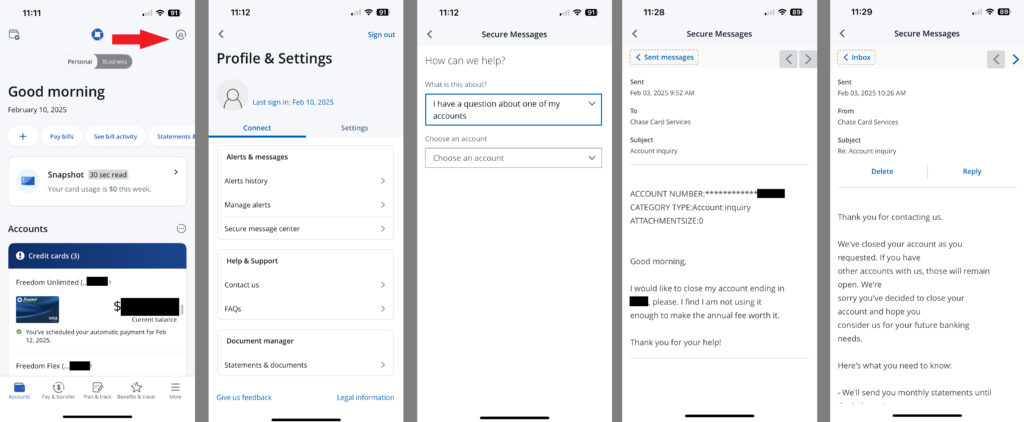 Screenshots showing the process of closing a Chase card online.