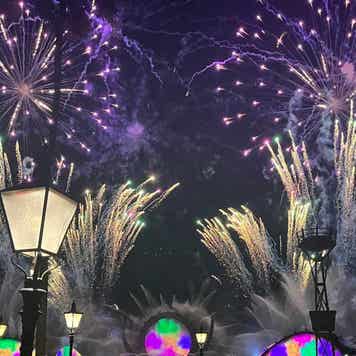 Picture taken at Disney at night, pointing up toward the sky with fireworks in the background.