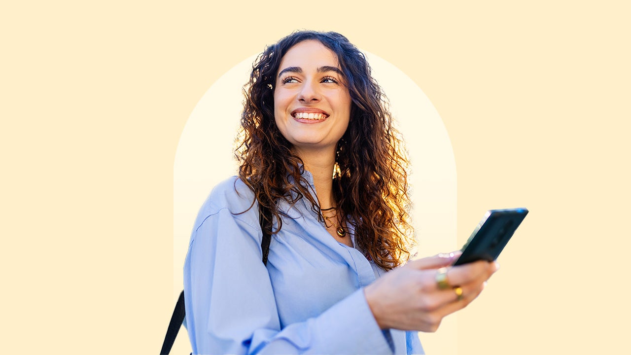 Design element of a person holder a phone, and smiling