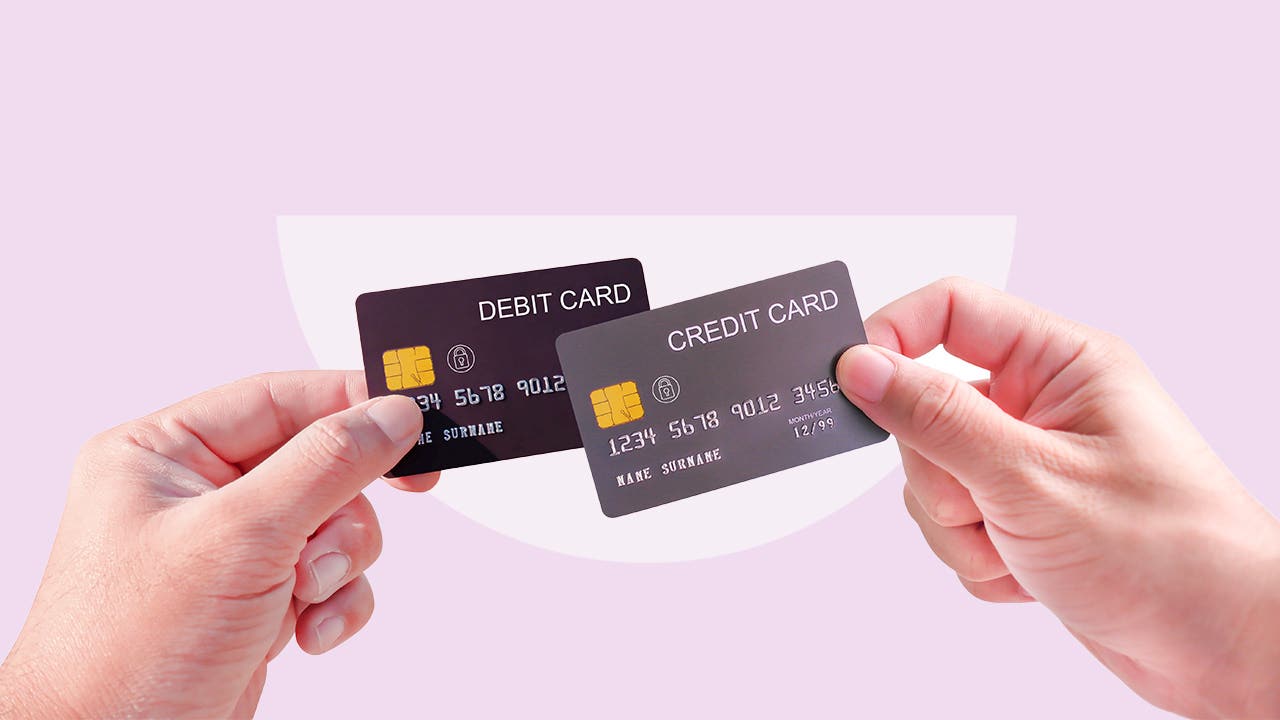 Design element of a pair of hands holding a debt card and the other holding a credit card