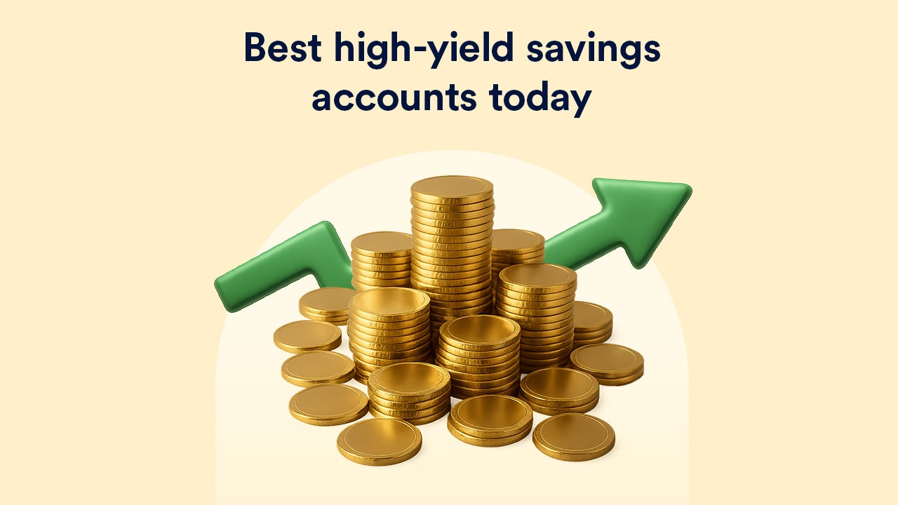 Illustration of coins with a headline that reads best high-yield savings accounts today