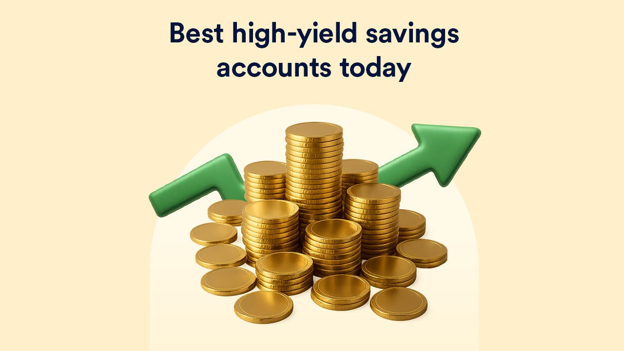 Illustration of coins with a headline that reads best high-yield savings accounts today