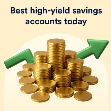 Illustration of coins with a headline that reads best high-yield savings accounts today