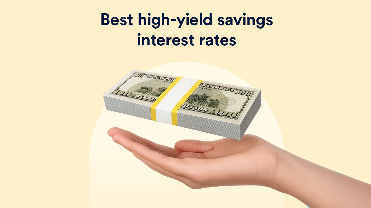 Illustration of stack of money with headline that says best high-yield savings interest rates