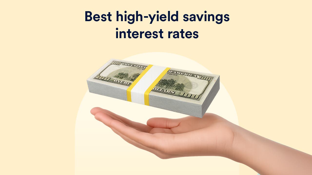 Illustration of stack of money with headline that says best high-yield savings interest rates
