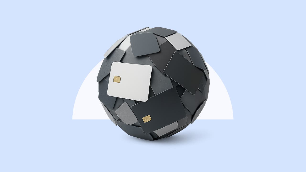 a design image of a snowball made up of credit cards