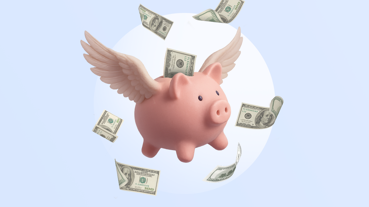 A piggy bank sprouts wings and flies amid dollar bills