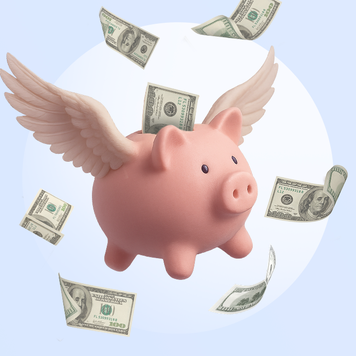 A piggy bank sprouts wings and flies amid dollar bills