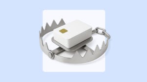 A graphic depiction of credit cards centered in a metal trap