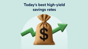 Illustration of bag with dollar sign on it and allow in background, headline reading today's best high-yield savings rates