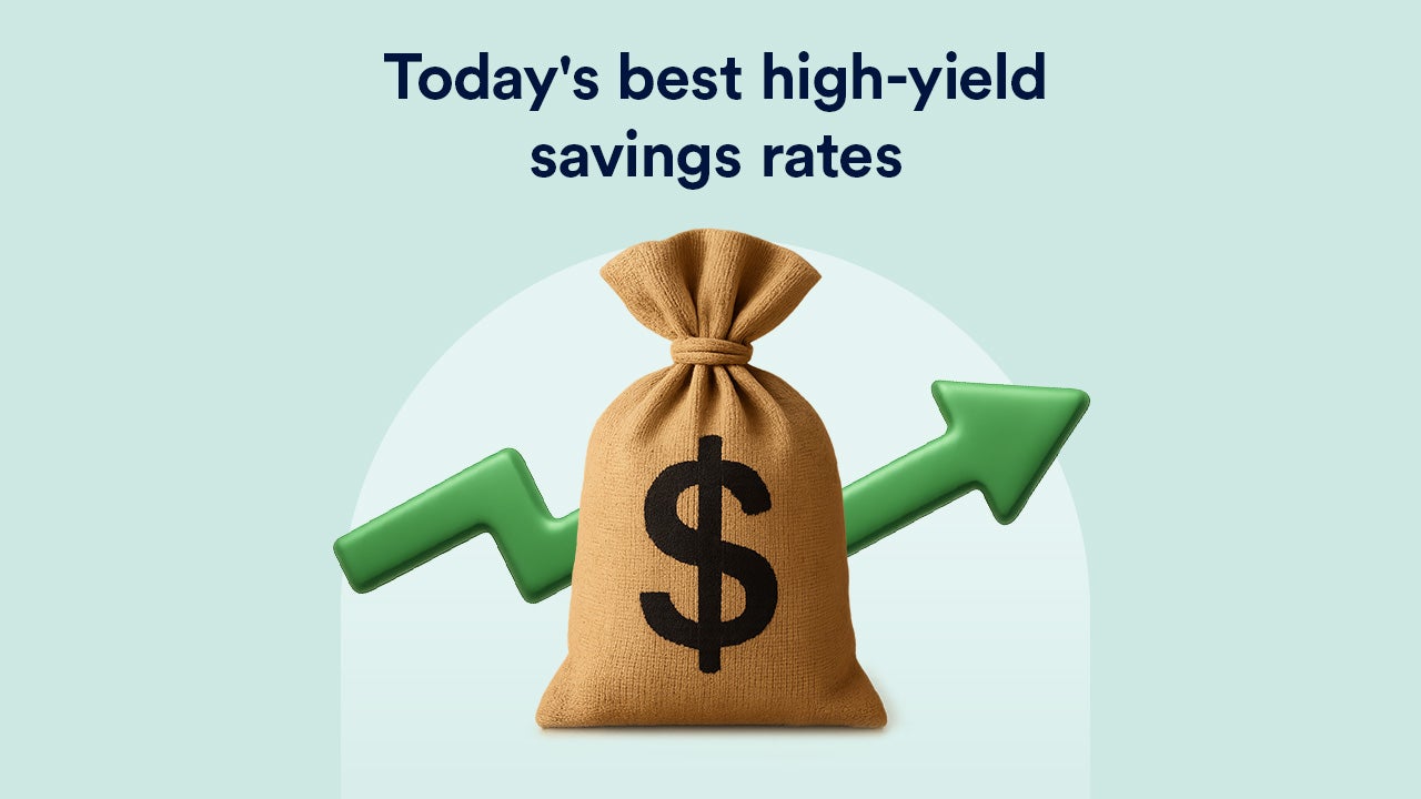 Illustration of bag with dollar sign on it and allow in background, headline reading today's best high-yield savings rates