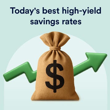 Illustration of bag with dollar sign on it and allow in background, headline reading today's best high-yield savings rates