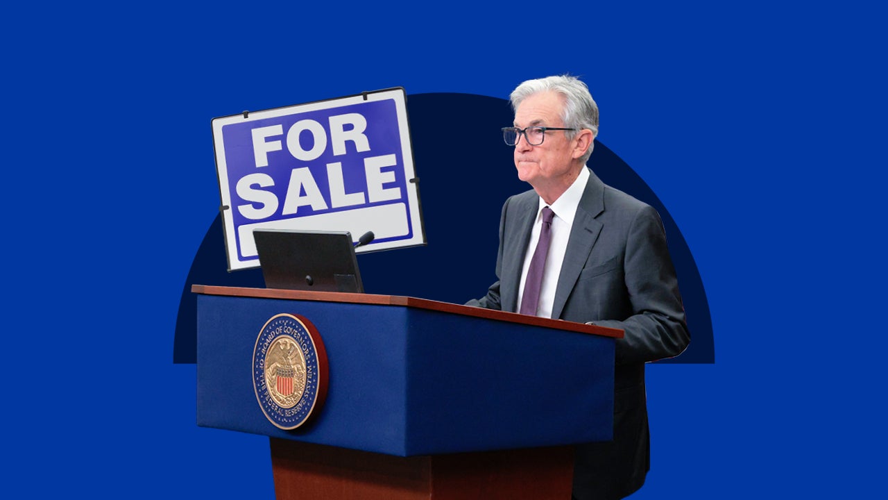 photo illustration: Fed Chairman Jerome Powell, for sale sign, blue background