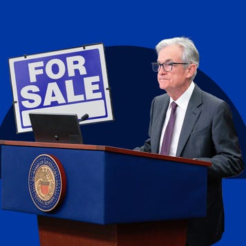 photo illustration: Fed Chairman Jerome Powell, for sale sign, blue background