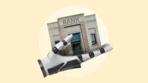 Illustration of a robot hand holding a bank building