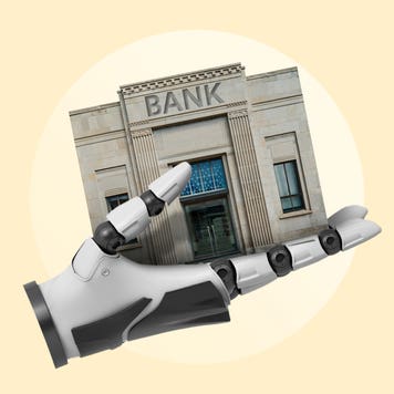 Illustration of a robot hand holding a bank building