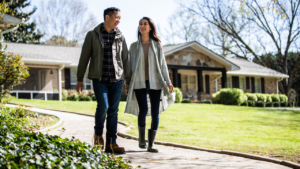 Couple walking in front of a home.
