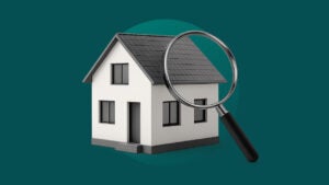 photo illustration of home with magnifying glass, teal background
