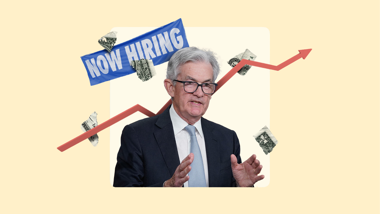 Illustration of Fed Chair Jerome Powell with a now hiring sign in the background.