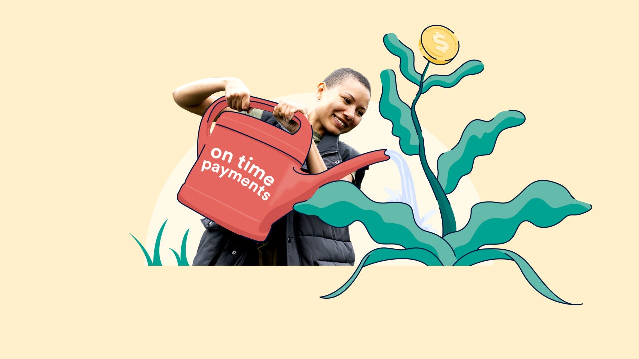 A person uses an illustrated red watering can to water an illustrated flower. The water can has white text that reads "on time payments."