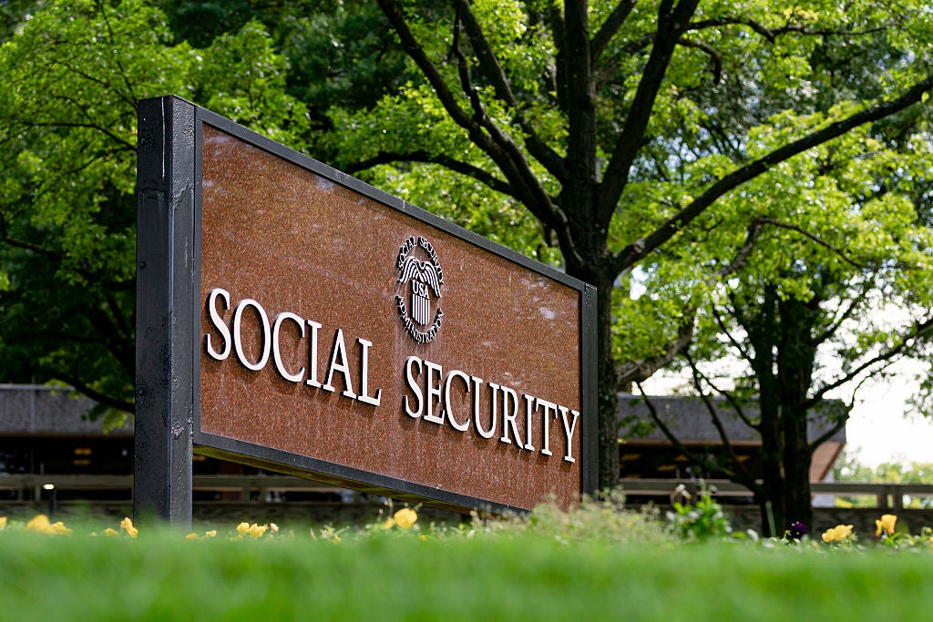 The Social Security Administration sign is seen in front of the agency's headquarters in Woodlawn, MD.