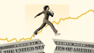 Woman leaping over a broken dollar bill with a line chart in the background