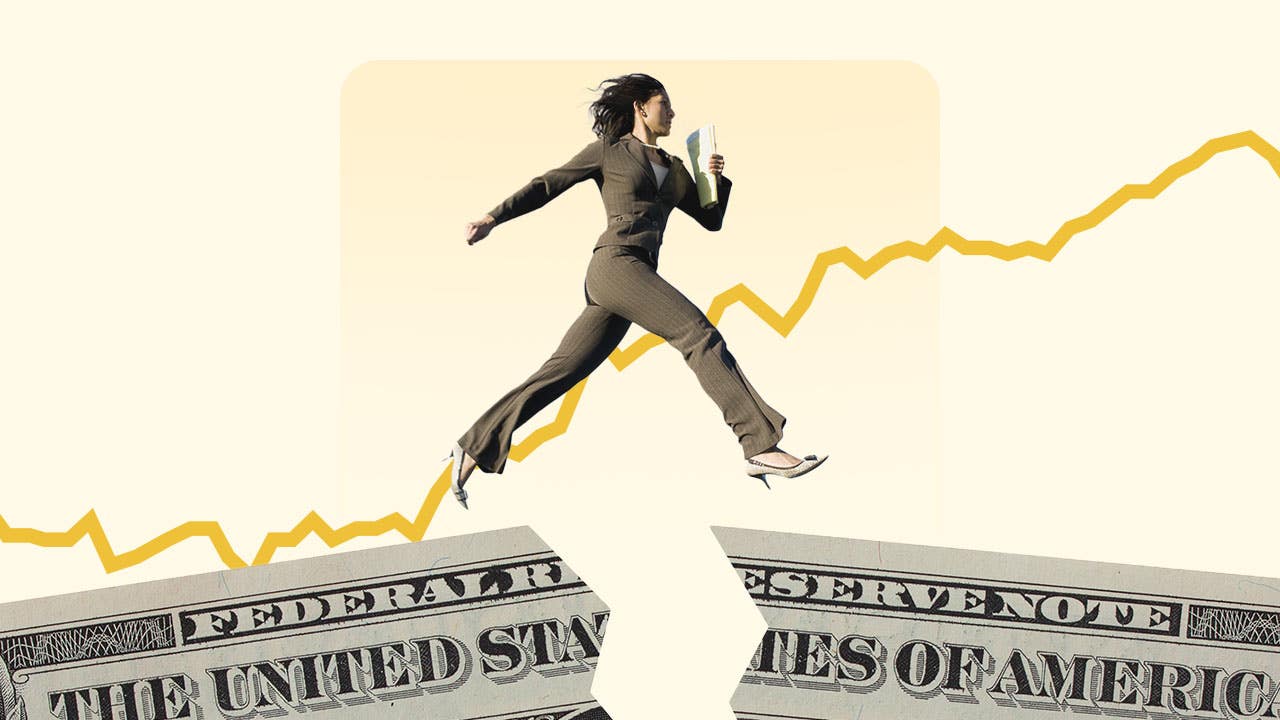 Woman leaping over a broken dollar bill with a line chart in the background