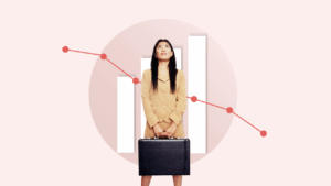 Illustration of woman holding a briefcase in front of two bar graphs representing the deteriorating labor market