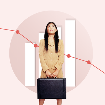 Illustration of woman holding a briefcase in front of two bar graphs representing the deteriorating labor market