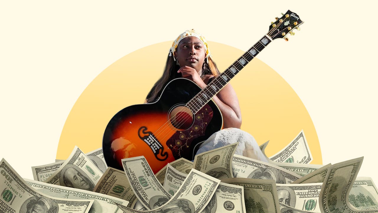 The subject's story, Selena Cooper, is pictured with her guitar. There is a pile of cash in the foreground.