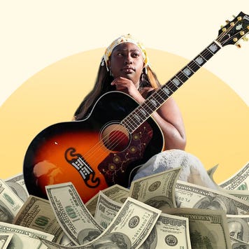 The subject's story, Selena Cooper, is pictured with her guitar. There is a pile of cash in the foreground.