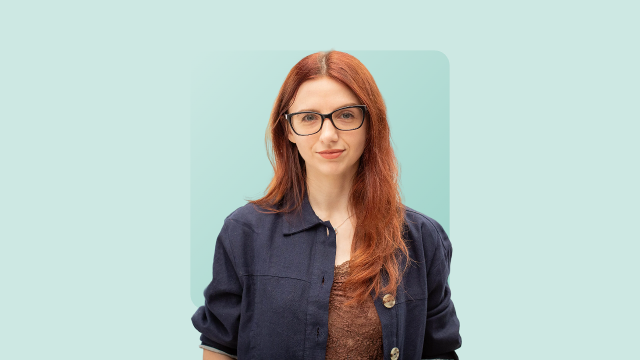An image of the author, Ana Staples, superimposed on an aqua background