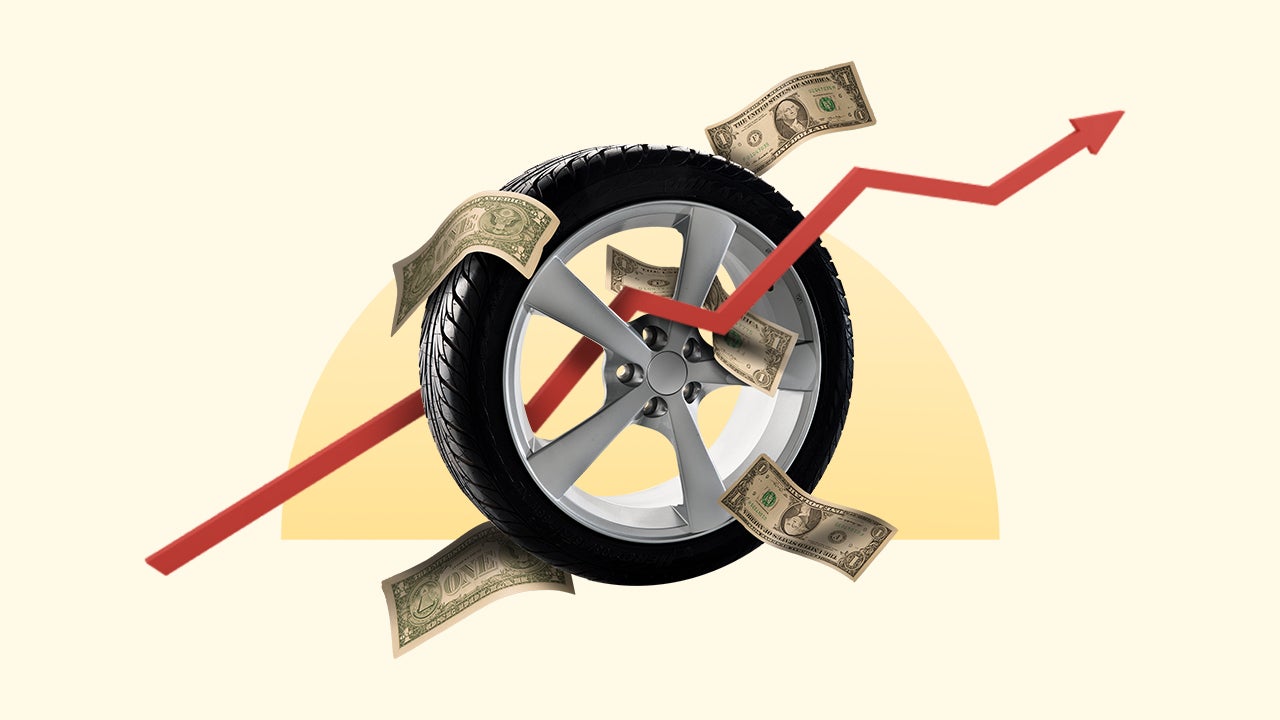 A tire with money and a chart in the background