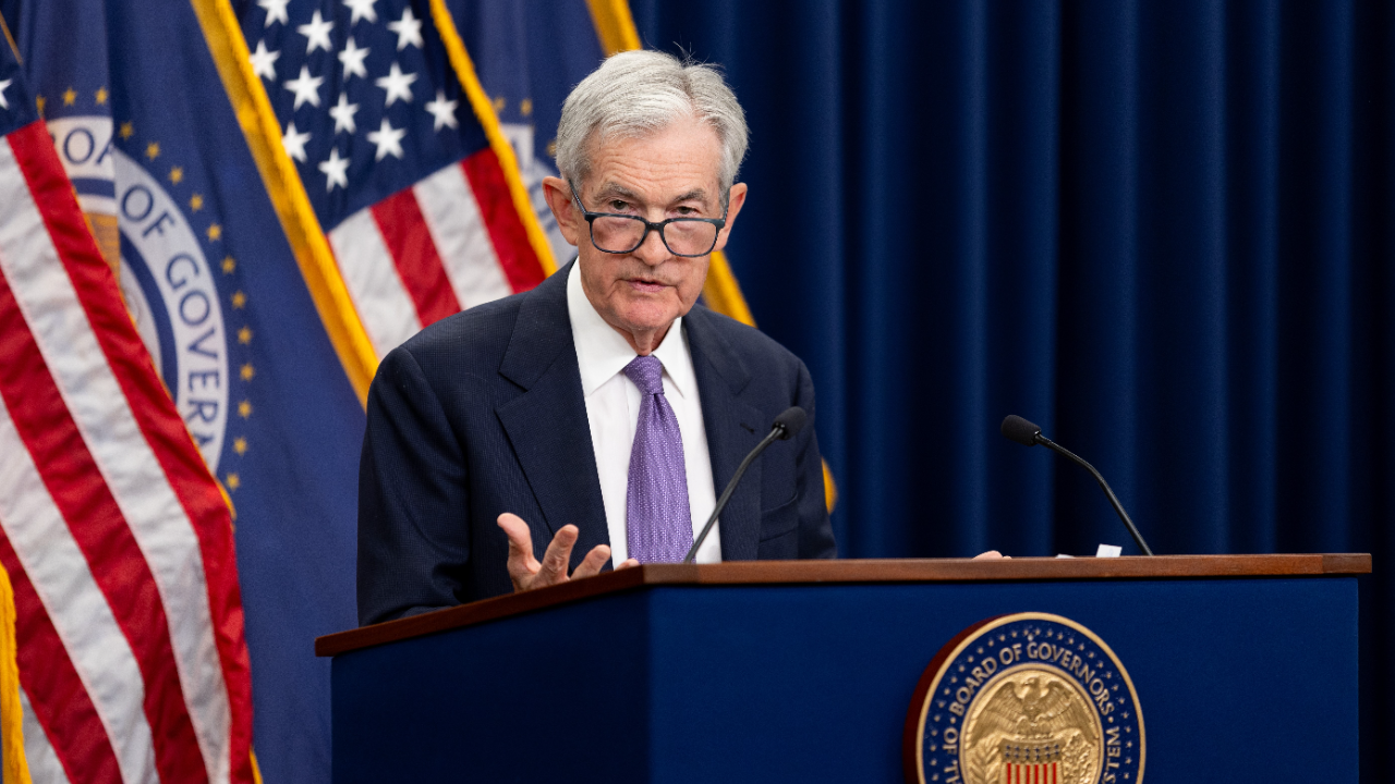 Fed Chair Jerome Powell speaks at a news conference.