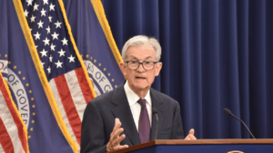 U.S. Federal Reserve Chairman Jerome Powell delivers remarks at a news conference.
